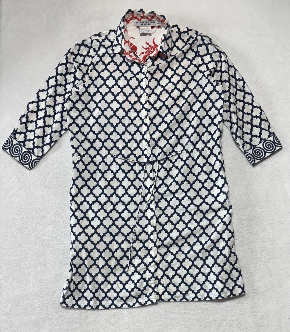 Gretchen Scott Designs Shirt Dress Womens Small Navy White Cotton Geometric